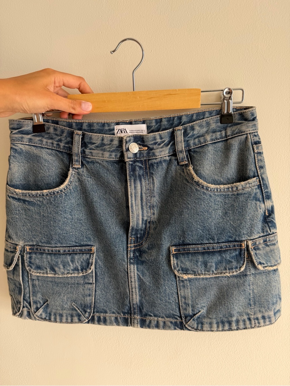 Zara Washed Blue Denim Cargo Mini Skirt